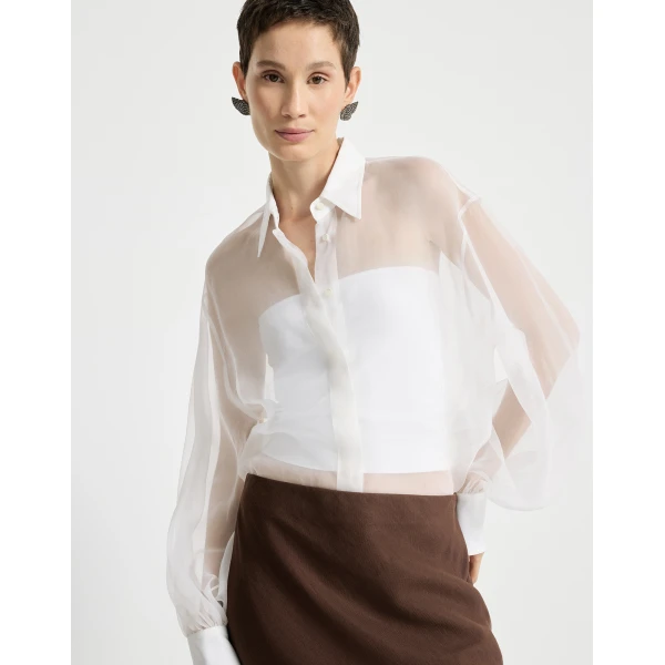 Brunello Cucinelli Crispy silk shirt with monili in White