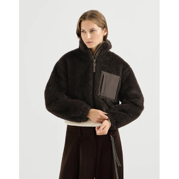 Brunello Cucinelli Cropped outerwear jacket with monili in Coffee, view 2 | Jackets | Luxury Shoes 