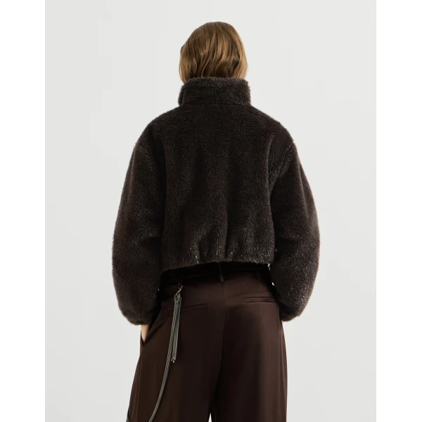 Brunello Cucinelli Cropped outerwear jacket with monili in Coffee, view 3 | Jackets | Luxury Shoes 