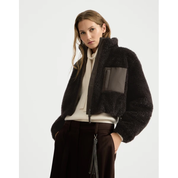 Brunello Cucinelli Cropped outerwear jacket with monili in Coffee, view 5 | Jackets | Luxury Shoes 