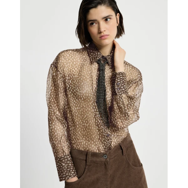 Brunello Cucinelli Dapple organza shirt with Neck Tie in Brown