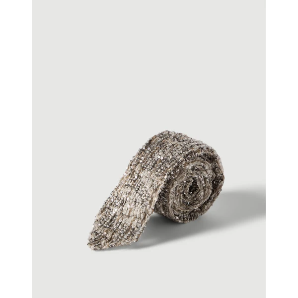 Brunello Cucinelli Dazzling Craquelé Embroidery Tie in Silver, view 2 | Accessories | Luxury Shoes 