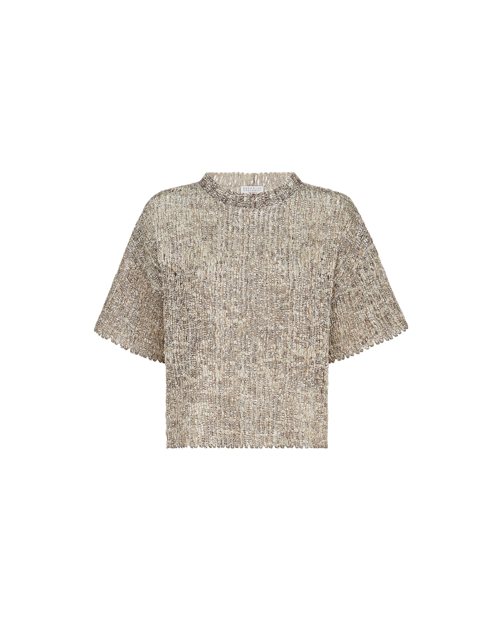 Brunello Cucinelli Dazzling Craquelé Embroidery T-shirt in Silver | Buy Knitwear at Luxury Shoes Brunello Cucinelli Dazzling Craquelé Embroidery T-shirt in Silver