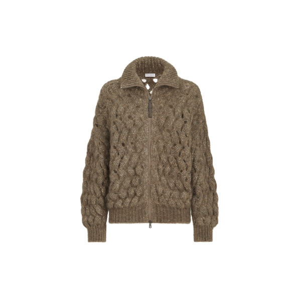 Brunello Cucinelli Dazzling Zigzag Cables cardigan in Bark