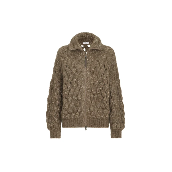 Brunello Cucinelli Dazzling Zigzag Cables cardigan in Bark