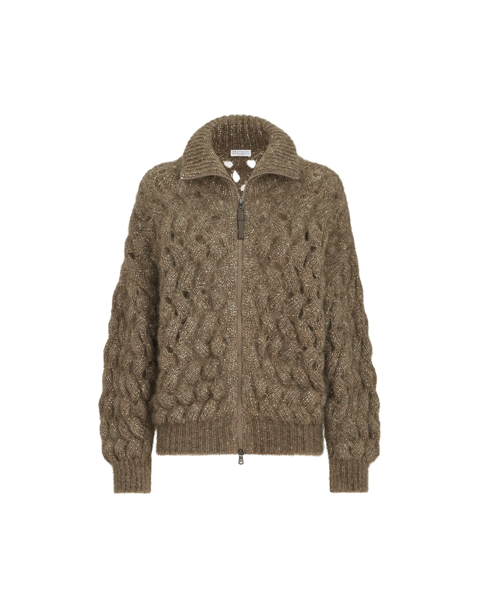 Brunello Cucinelli Dazzling Zigzag Cables cardigan in Bark | Buy Knitwear at Luxury Shoes Brunello Cucinelli Dazzling Zigzag Cables cardigan in Bark