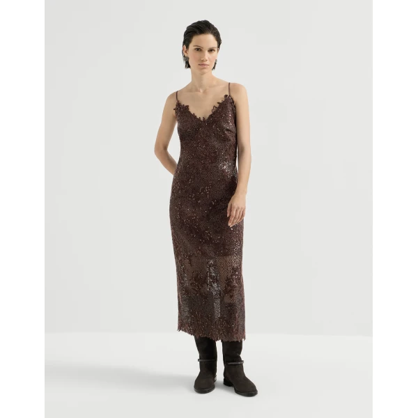 Brunello Cucinelli Dazzling lace embroidery dress in Brown Gianduia, view 2 | Dresses | Luxury Shoes 