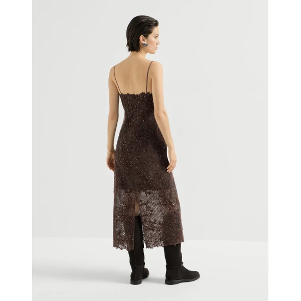 Brunello Cucinelli Dazzling lace embroidery dress in Brown Gianduia, view 3 | Dresses | Luxury Shoes 