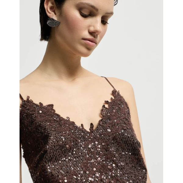 Brunello Cucinelli Dazzling lace embroidery dress in Brown Gianduia, view 4 | Dresses | Luxury Shoes 