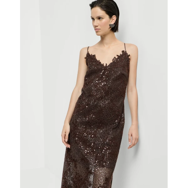 Brunello Cucinelli Dazzling lace embroidery dress in Brown Gianduia, view 5 | Dresses | Luxury Shoes 