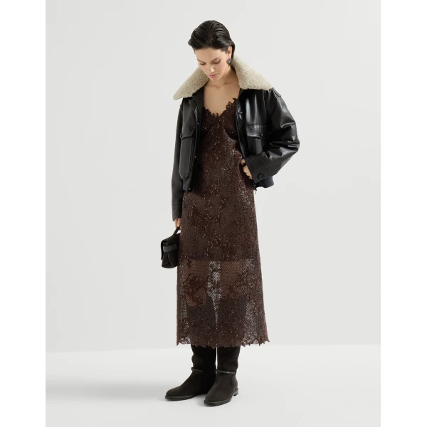 Brunello Cucinelli Dazzling lace embroidery dress in Brown Gianduia, view 6 | Dresses | Luxury Shoes 
