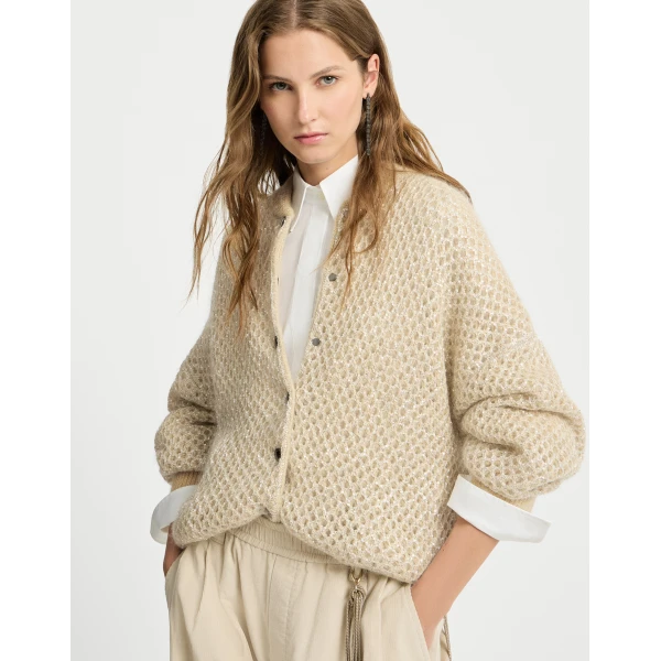 Brunello Cucinelli Dazzling net knit bomber jacket in Cream, view 2 | Jackets | Luxury Shoes 