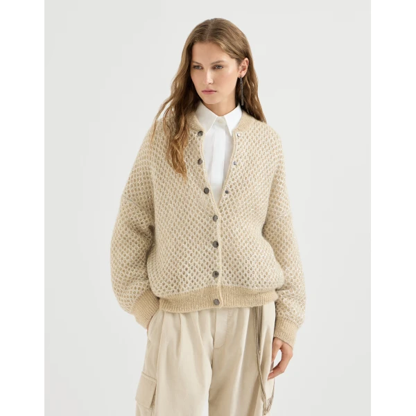 Brunello Cucinelli Dazzling net knit bomber jacket in Cream, view 3 | Jackets | Luxury Shoes 