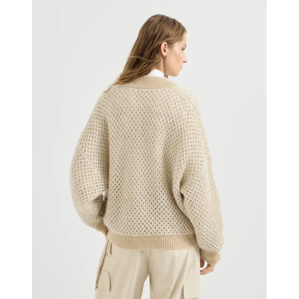 Brunello Cucinelli Dazzling net knit bomber jacket in Cream, view 4 | Jackets | Luxury Shoes 