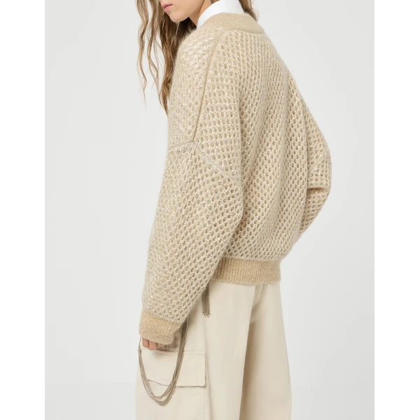 Brunello Cucinelli Dazzling net knit bomber jacket in Cream, view 5 | Jackets | Luxury Shoes 