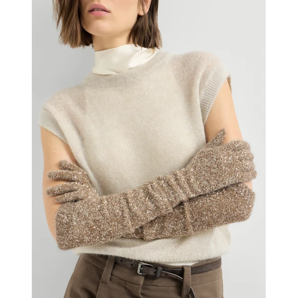 Brunello Cucinelli Dazzling texture knit gloves in Light Brown, view 3 | Gloves | Luxury Shoes 