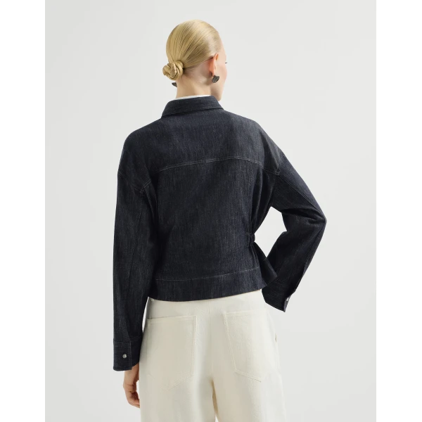 Denim-effect twill cropped shirt in Dark Denim - Image 3