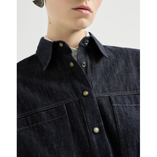 Denim-effect twill cropped shirt in Dark Denim - Image 4
