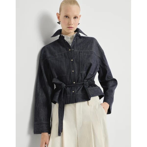 Denim-effect twill cropped shirt in Dark Denim - Image 5