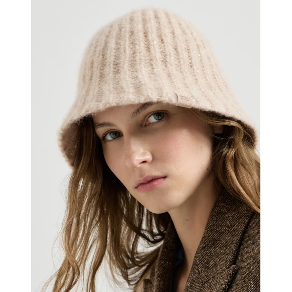 Brunello Cucinelli Diamond yarn rib knit bucket hat in Ecru, view 3 | Hats | Luxury Shoes 