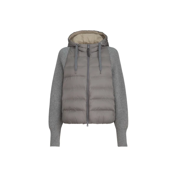 Down jacket with knitted sleeves and hood in Medium Grey