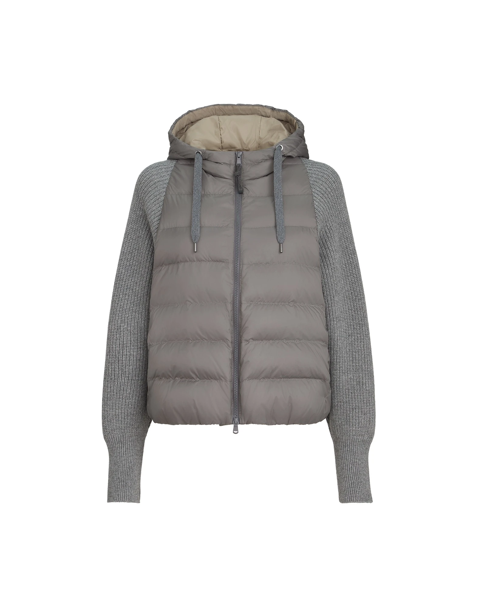 Brunello Cucinelli Down jacket with knitted sleeves and hood in Medium Grey | Buy Jackets at Luxury Shoes Brunello Cucinelli Down jacket with knitted sleeves and hood in Medium Grey