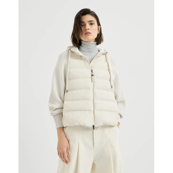 Brunello Cucinelli Down jacket with knitted sleeves and monili in White