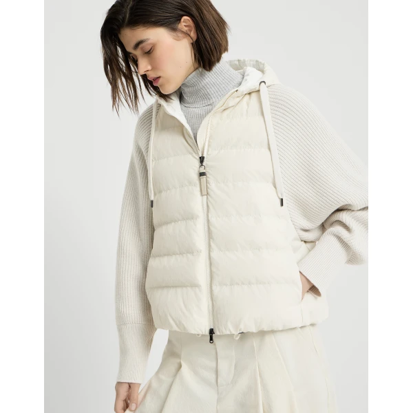 Brunello Cucinelli Down jacket with knitted sleeves and monili in White
