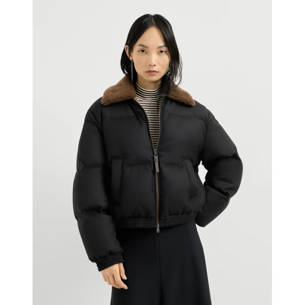 Brunello Cucinelli Down jacket with shearling collar in Black, view 2 | Shearling Jackets | Luxury Shoes 