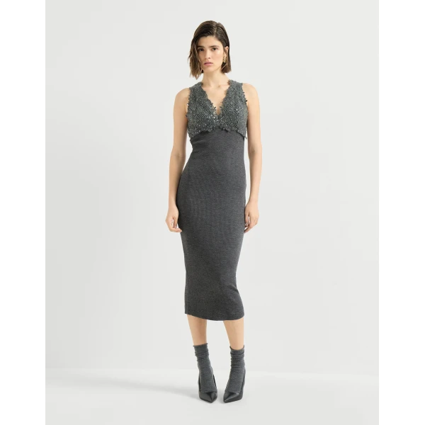 Brunello Cucinelli Dress with dazzling lace embroidery in Lead, view 2 | Dresses | Luxury Shoes 