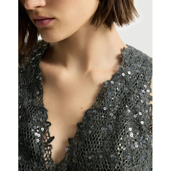 Brunello Cucinelli Dress with dazzling lace embroidery in Lead, view 4 | Dresses | Luxury Shoes 