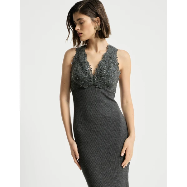 Brunello Cucinelli Dress with dazzling lace embroidery in Lead, view 5 | Dresses | Luxury Shoes 