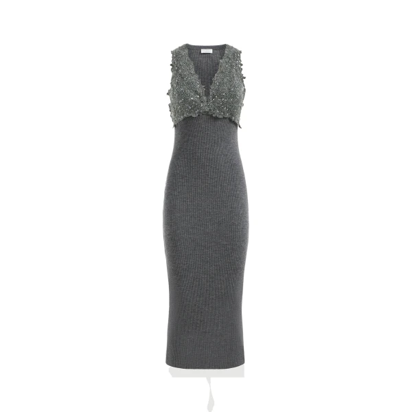 Dress with dazzling lace embroidery in Lead