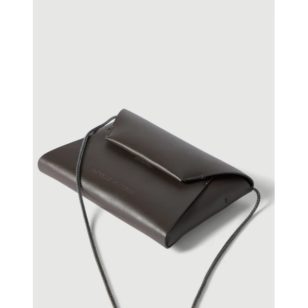 Brunello Cucinelli Duo pochette in calfskin with precious chain in Rust Brown, view 3 | Clutch Bags | Luxury Shoes 
