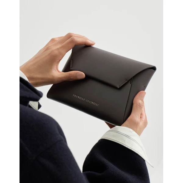 Brunello Cucinelli Duo pochette in calfskin with precious chain in Rust Brown, view 4 | Clutch Bags | Luxury Shoes 