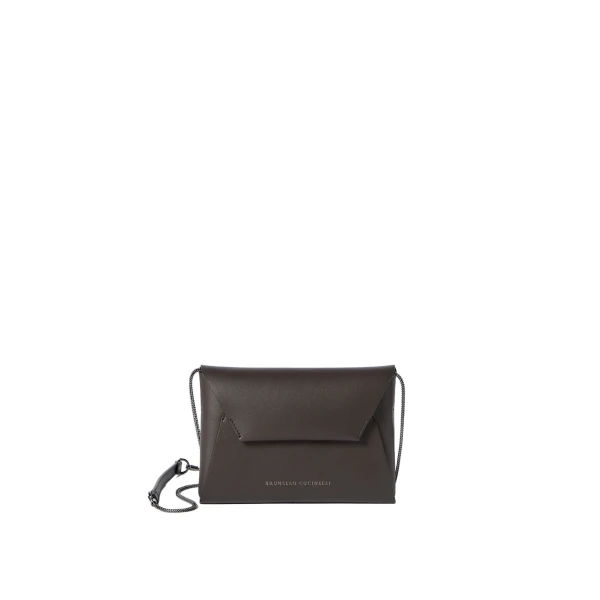 Duo pochette in calfskin with precious chain in Rust Brown
