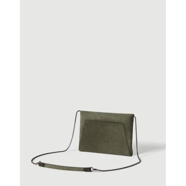 Brunello Cucinelli Duo pochette in suede with precious chain in Green, view 2 | Clutch Bags | Luxury Shoes 