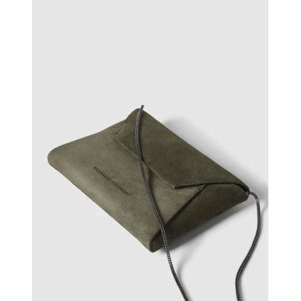 Brunello Cucinelli Duo pochette in suede with precious chain in Green, view 3 | Clutch Bags | Luxury Shoes 