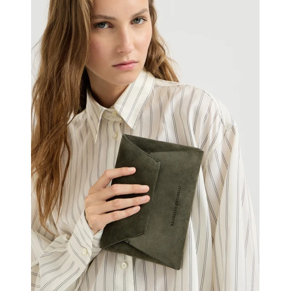 Brunello Cucinelli Duo pochette in suede with precious chain in Green, view 4 | Clutch Bags | Luxury Shoes 