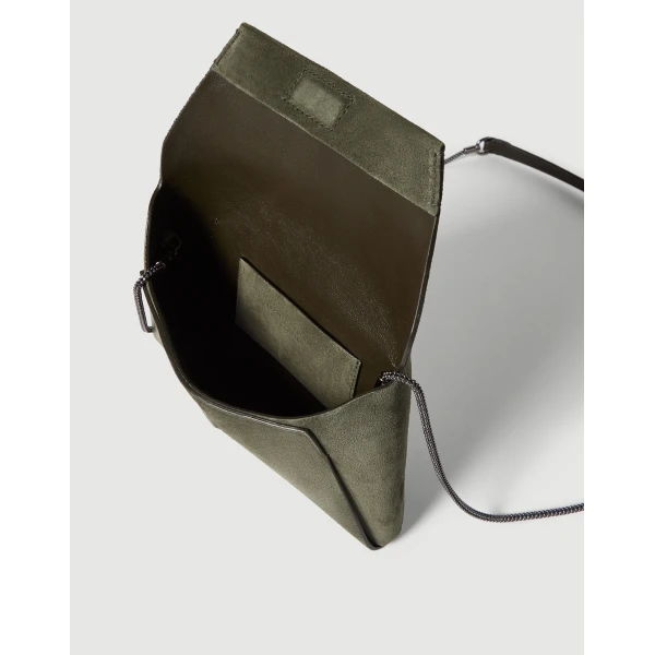 Brunello Cucinelli Duo pochette in suede with precious chain in Green, view 5 | Clutch Bags | Luxury Shoes 