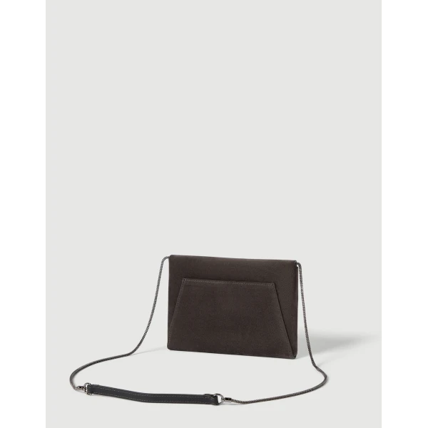 Brunello Cucinelli Duo pochette in suede with precious chain in Pepper, view 2 | Clutch Bags | Luxury Shoes 