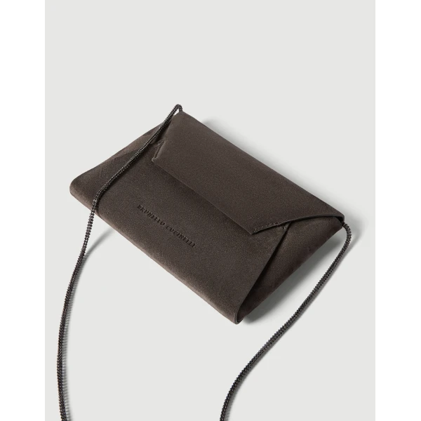 Brunello Cucinelli Duo pochette in suede with precious chain in Pepper, view 3 | Clutch Bags | Luxury Shoes 
