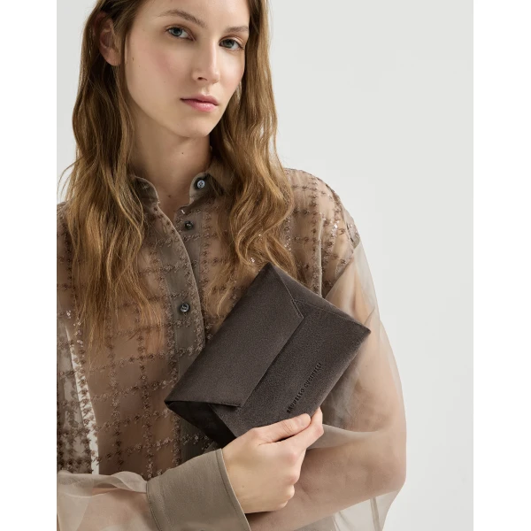 Brunello Cucinelli Duo pochette in suede with precious chain in Pepper, view 4 | Clutch Bags | Luxury Shoes 