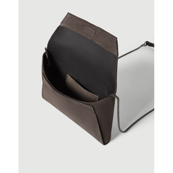 Brunello Cucinelli Duo pochette in suede with precious chain in Pepper, view 5 | Clutch Bags | Luxury Shoes 