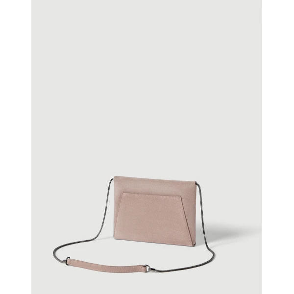 Brunello Cucinelli Duo pochette in suede with precious chain in Pink, view 2 | Clutch Bags | Luxury Shoes 