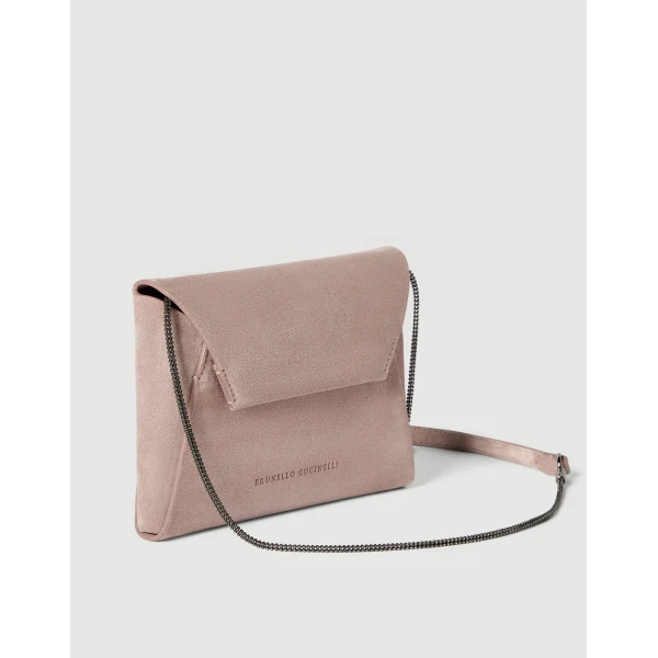 Brunello Cucinelli Duo pochette in suede with precious chain in Pink, view 3 | Clutch Bags | Luxury Shoes 