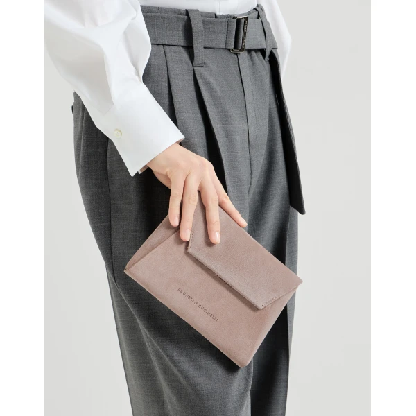 Brunello Cucinelli Duo pochette in suede with precious chain in Pink, view 4 | Clutch Bags | Luxury Shoes 