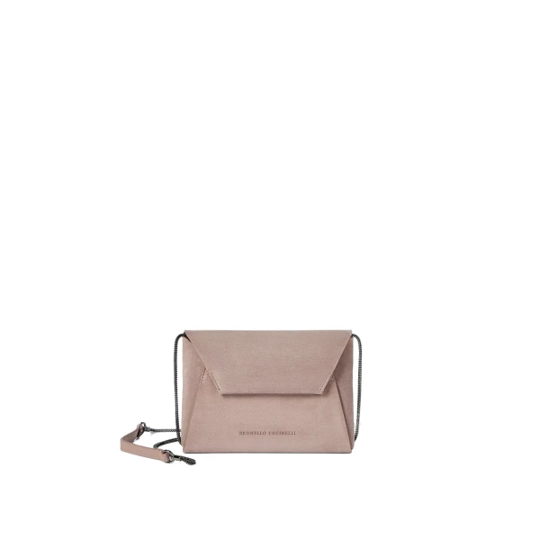 Duo pochette in suede with precious chain in Pink