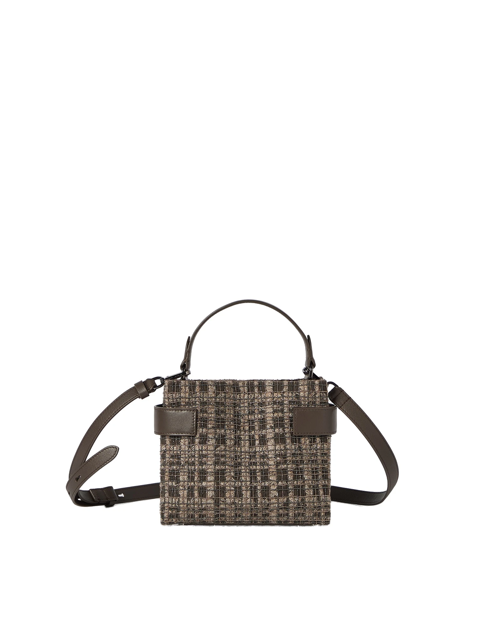 Brunello Cucinelli Essence small bag with check embroidery in Brown | Buy Mini Bags at Luxury Shoes Brunello Cucinelli Essence small bag with check embroidery in Brown