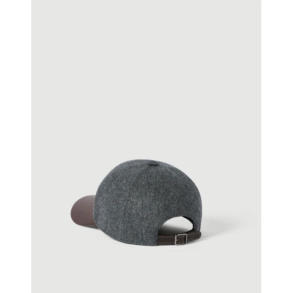 Brunello Cucinelli Flannel and nappa leather baseball cap in Dark Grey, view 2 | Hats | Luxury Shoes 